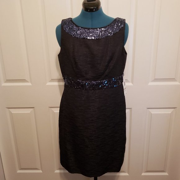 Evan Picone Midnight Blue Sequin Trim Sheath Dress - Picture 3 of 13